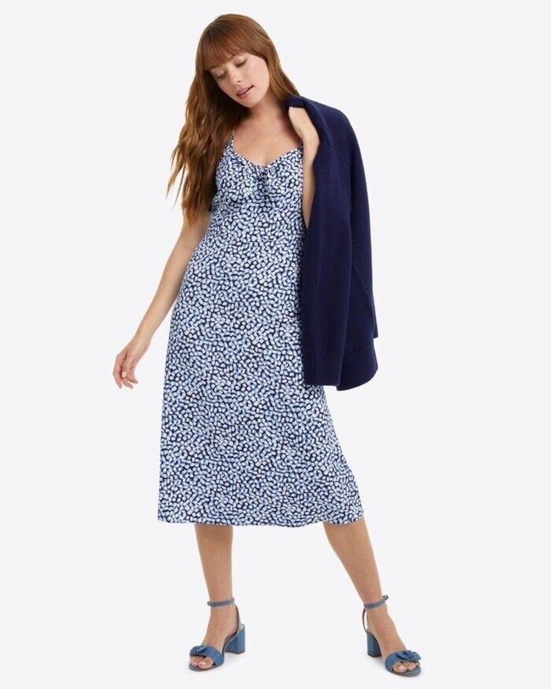 Draper James Patsy Dress Square Geo Fixed Front Bow Women's Blue 6 Smocked Hem